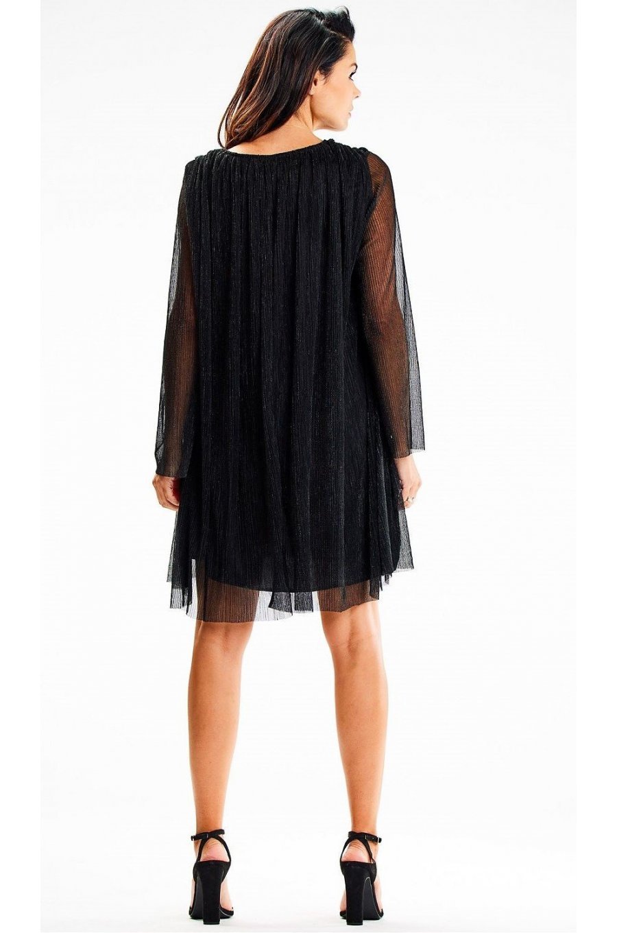 Rochie scurta neagra din glitter cu maneca lunga Kyelle1 3 - jojofashion.ro