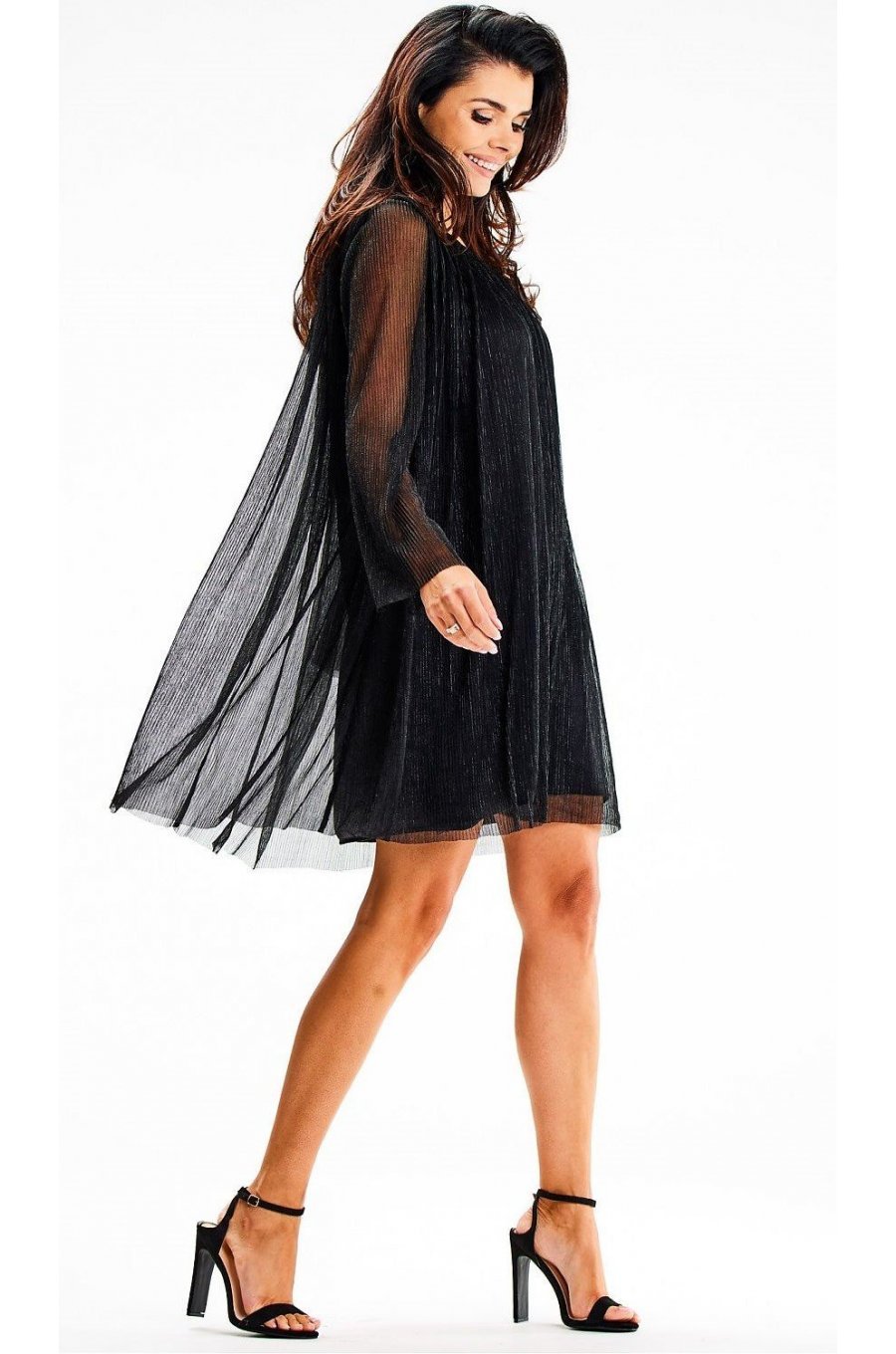 Rochie scurta neagra din glitter cu maneca lunga Kyelle1 4 - jojofashion.ro