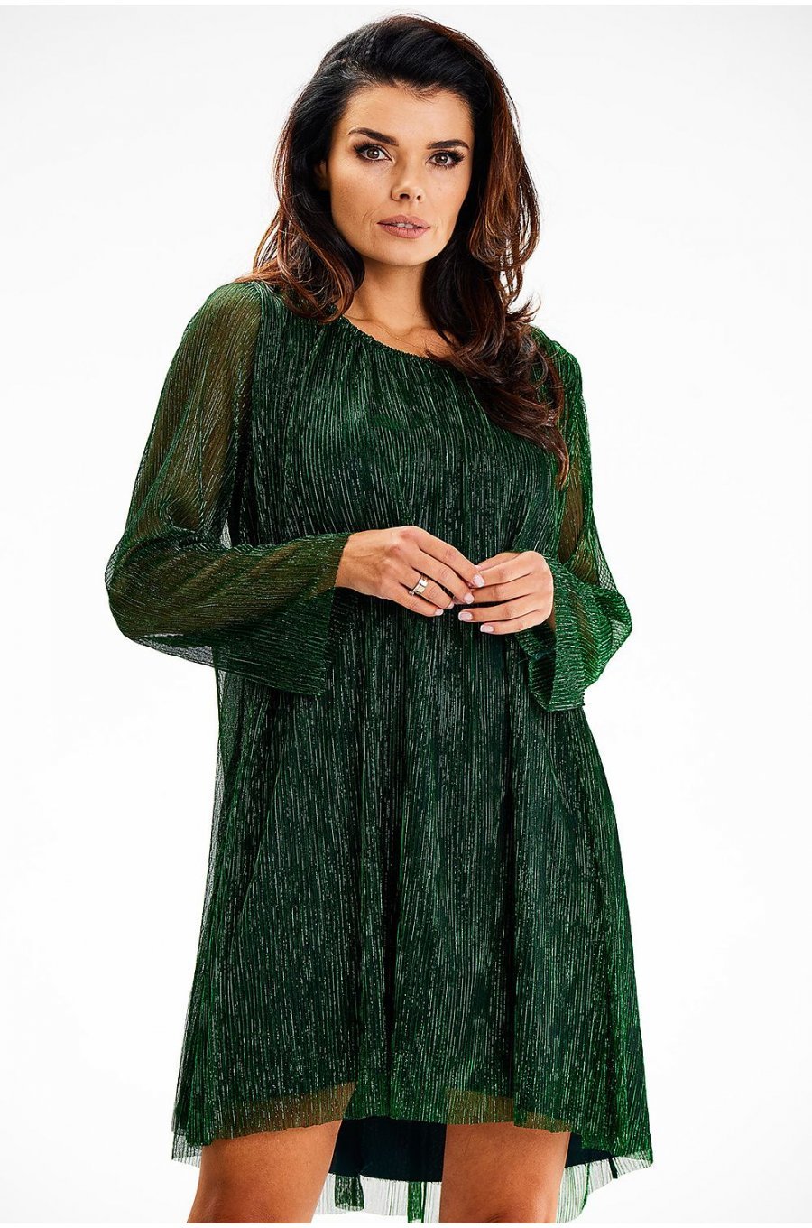 Rochie scurta verde din glitter cu maneca lunga Kyelle 1 - jojofashion.ro