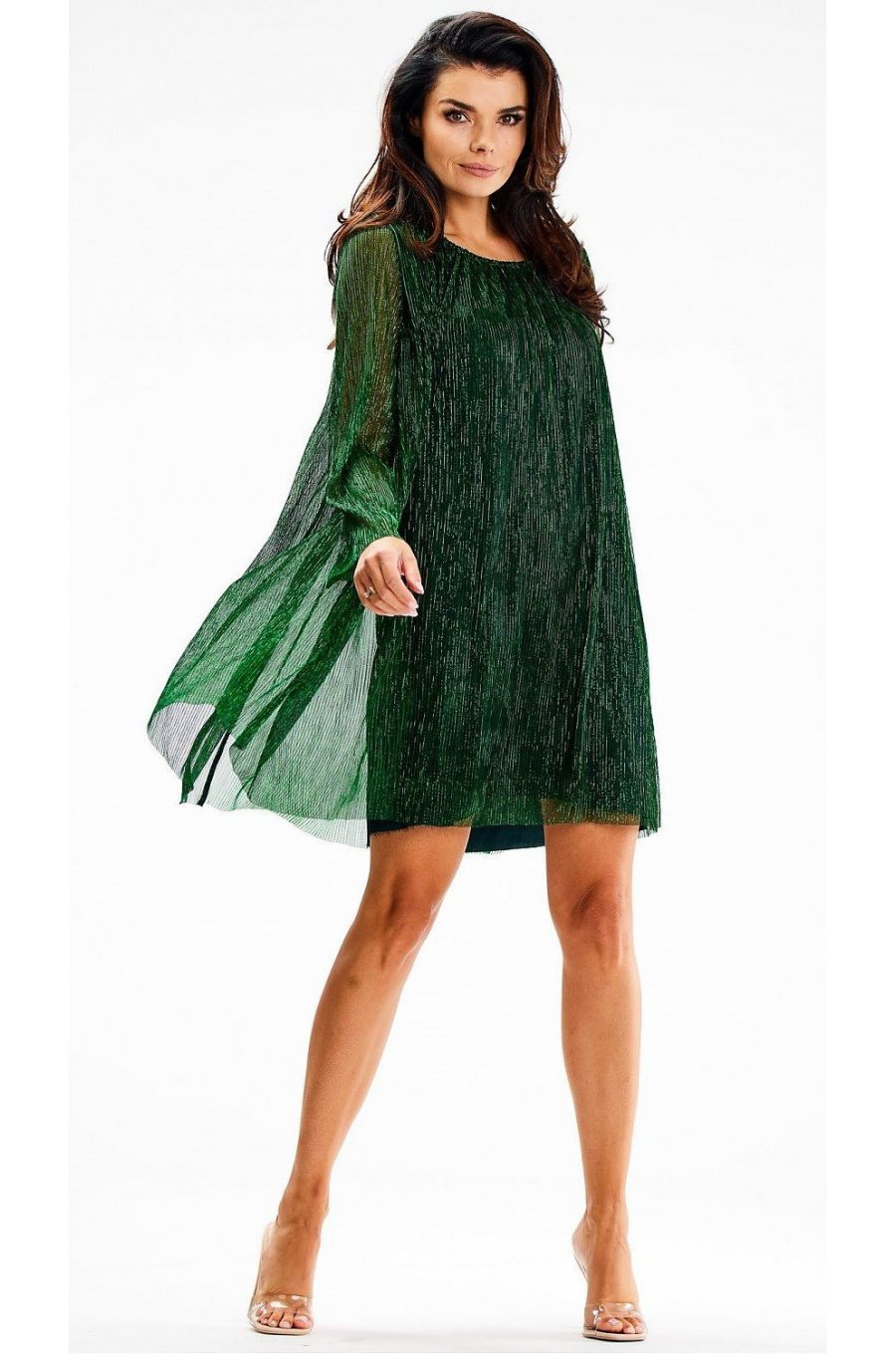 Rochie scurta verde din glitter cu maneca lunga Kyelle 2 - jojofashion.ro