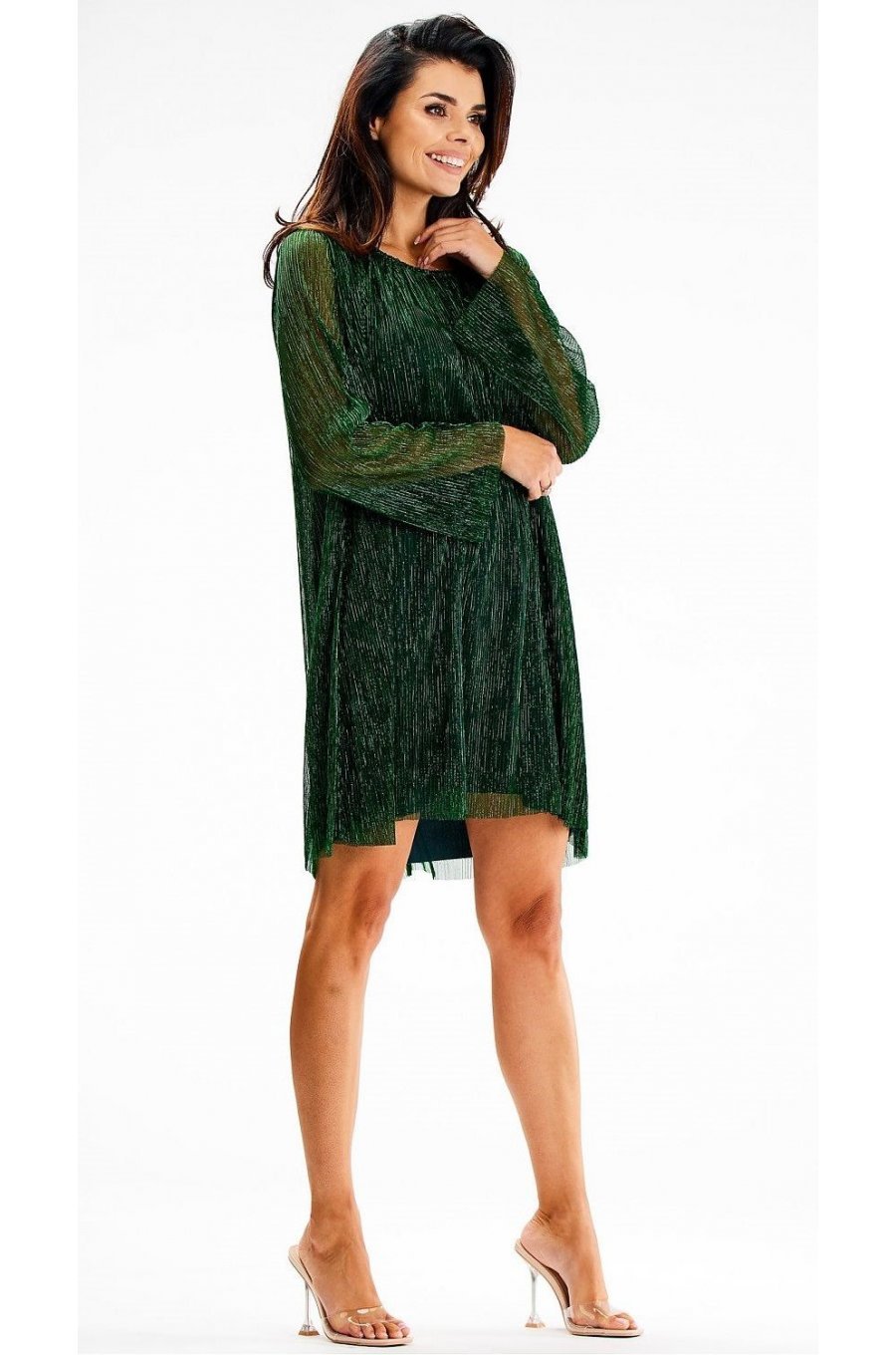 Rochie scurta verde din glitter cu maneca lunga Kyelle 3 - jojofashion.ro