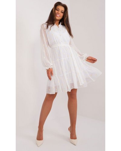 Rochie midi alba cu floricele galbene, cu volan, evazata, cu maneca lunga, Cameea1 Rochii de zi, Rochie midi alba cu floricele galbene, cu volan, evazata, cu maneca lunga, Cameea1 - jojofashion.ro