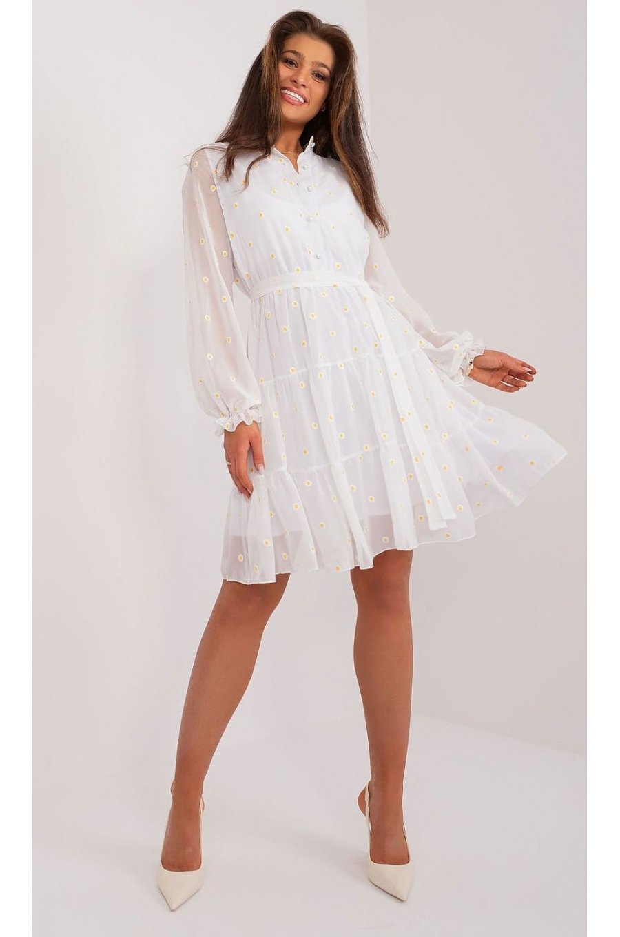 Rochie midi alba cu floricele galbene, cu volan, evazata, cu maneca lunga, Cameea1 1 - jojofashion.ro
