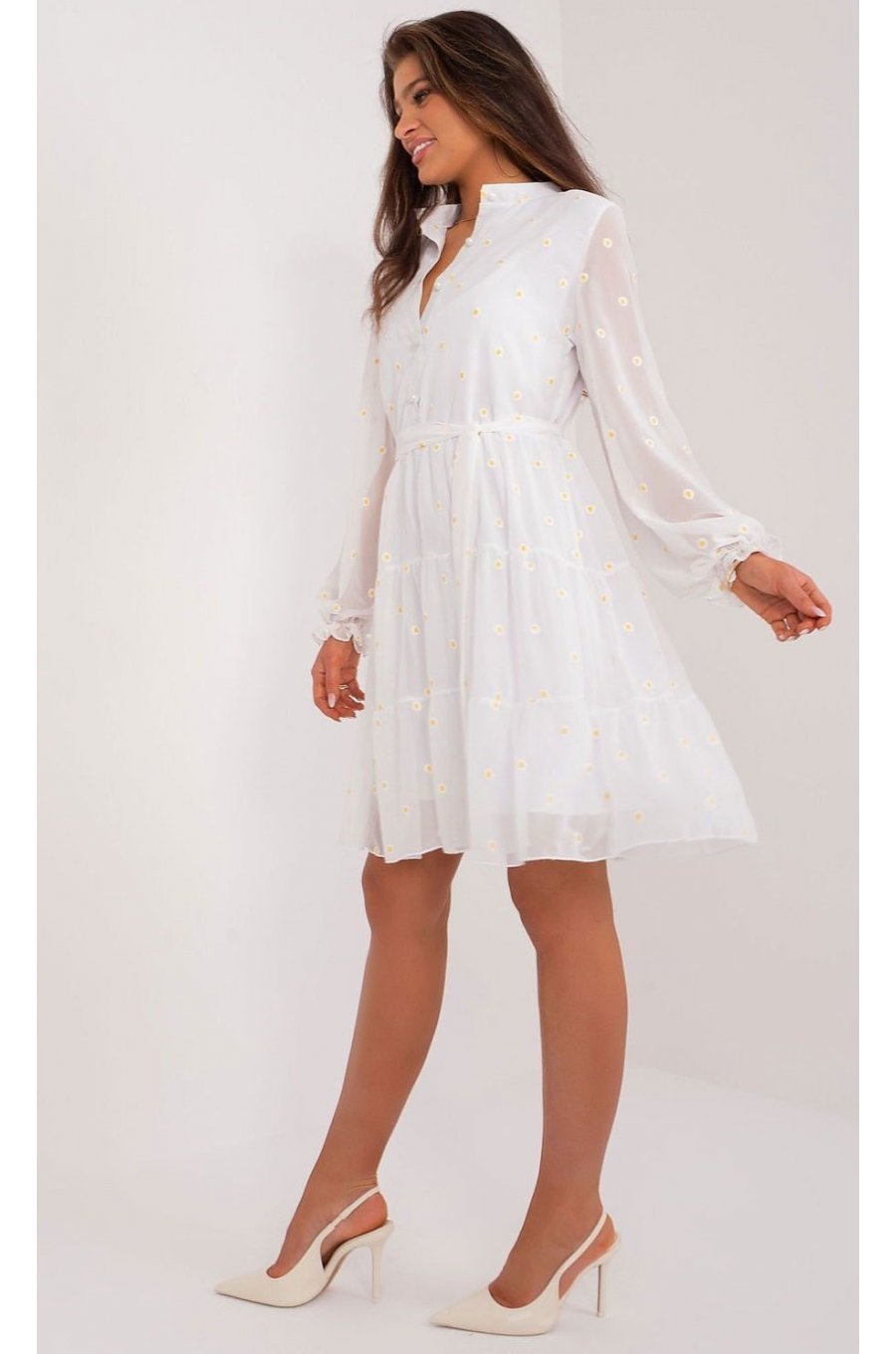 Rochie midi alba cu floricele galbene, cu volan, evazata, cu maneca lunga, Cameea1 3 - jojofashion.ro