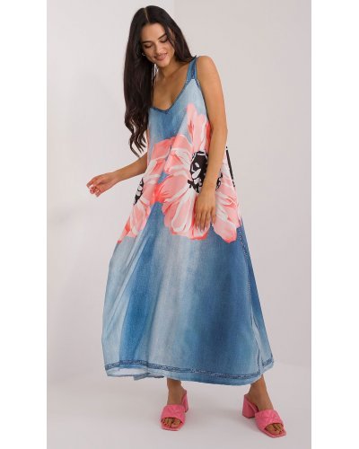 Rochie oversize lunga, din vascoza, bleu cu flori, vaporoasa, Ananke Rochii lungi, Rochie oversize lunga, din vascoza, bleu cu flori, vaporoasa, Ananke - jojofashion.ro