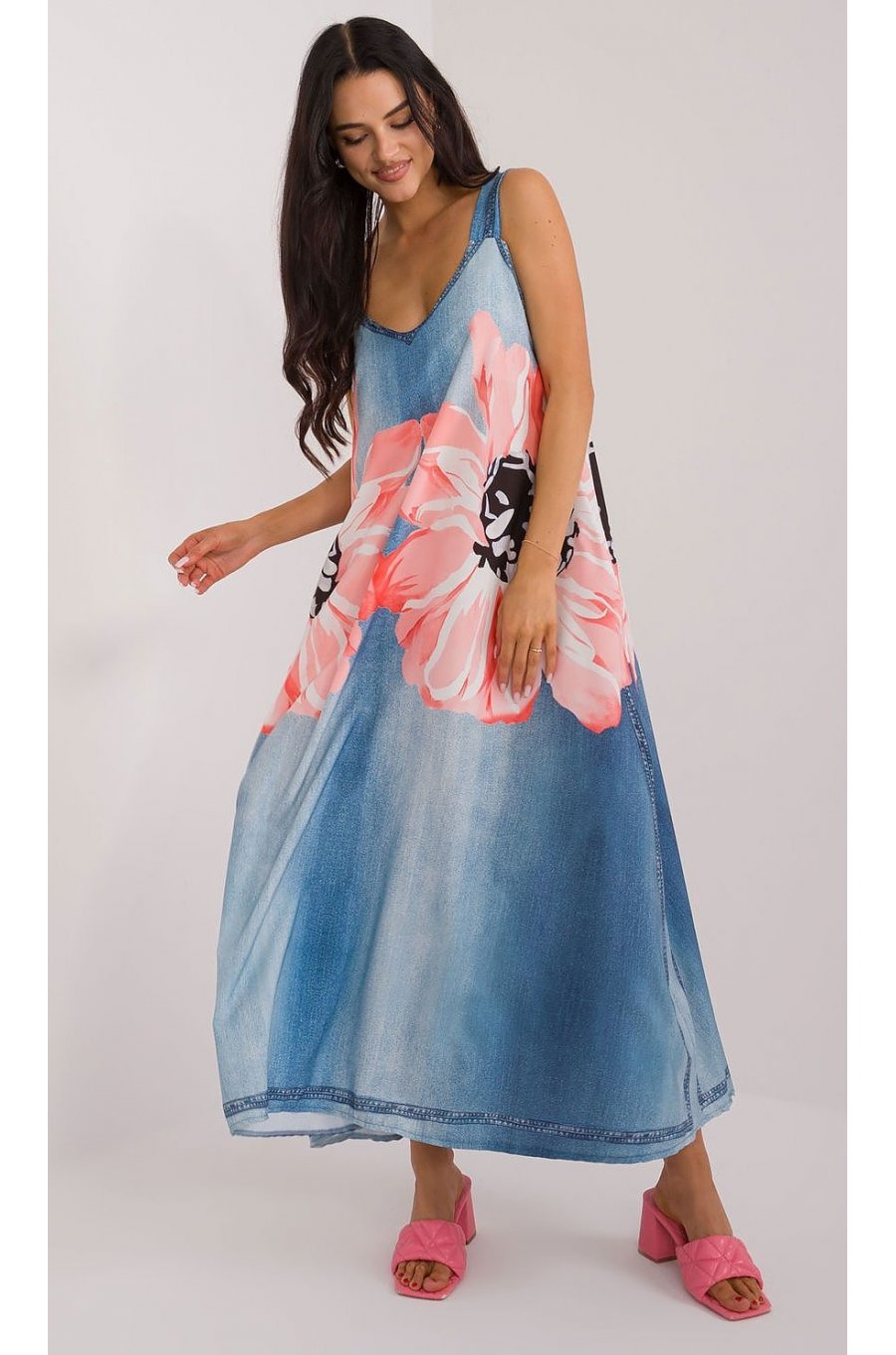 Rochie oversize lunga, din vascoza, bleu cu flori, vaporoasa, Ananke 1 - jojofashion.ro