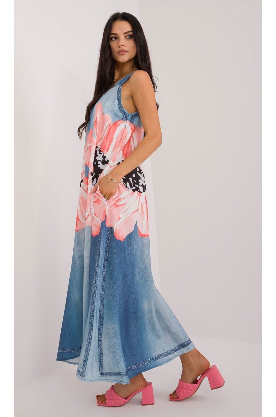 Rochie oversize lunga, din vascoza, bleu cu flori, vaporoasa, Ananke 2 - jojofashion.ro