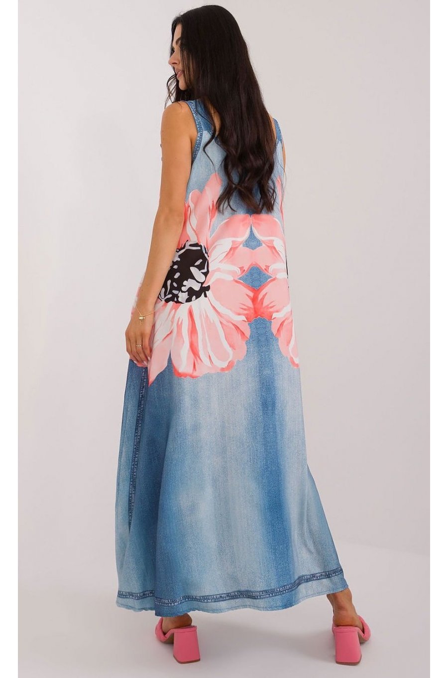 Rochie oversize lunga, din vascoza, bleu cu flori, vaporoasa, Ananke 3 - jojofashion.ro