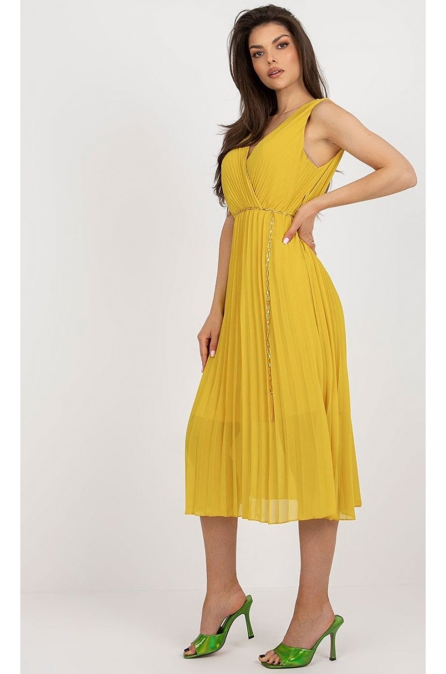 Rochie din voal galbena plisata petrecuta Cipriana3 2 - jojofashion.ro