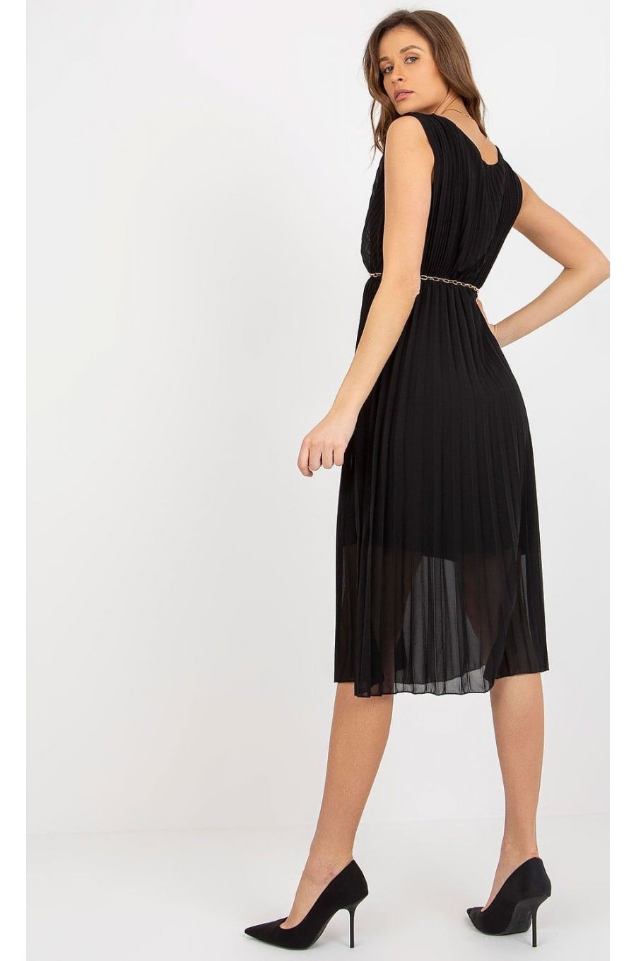 Rochie neagra din voal plisata midi petrecuta Cipriana1 3 - jojofashion.ro
