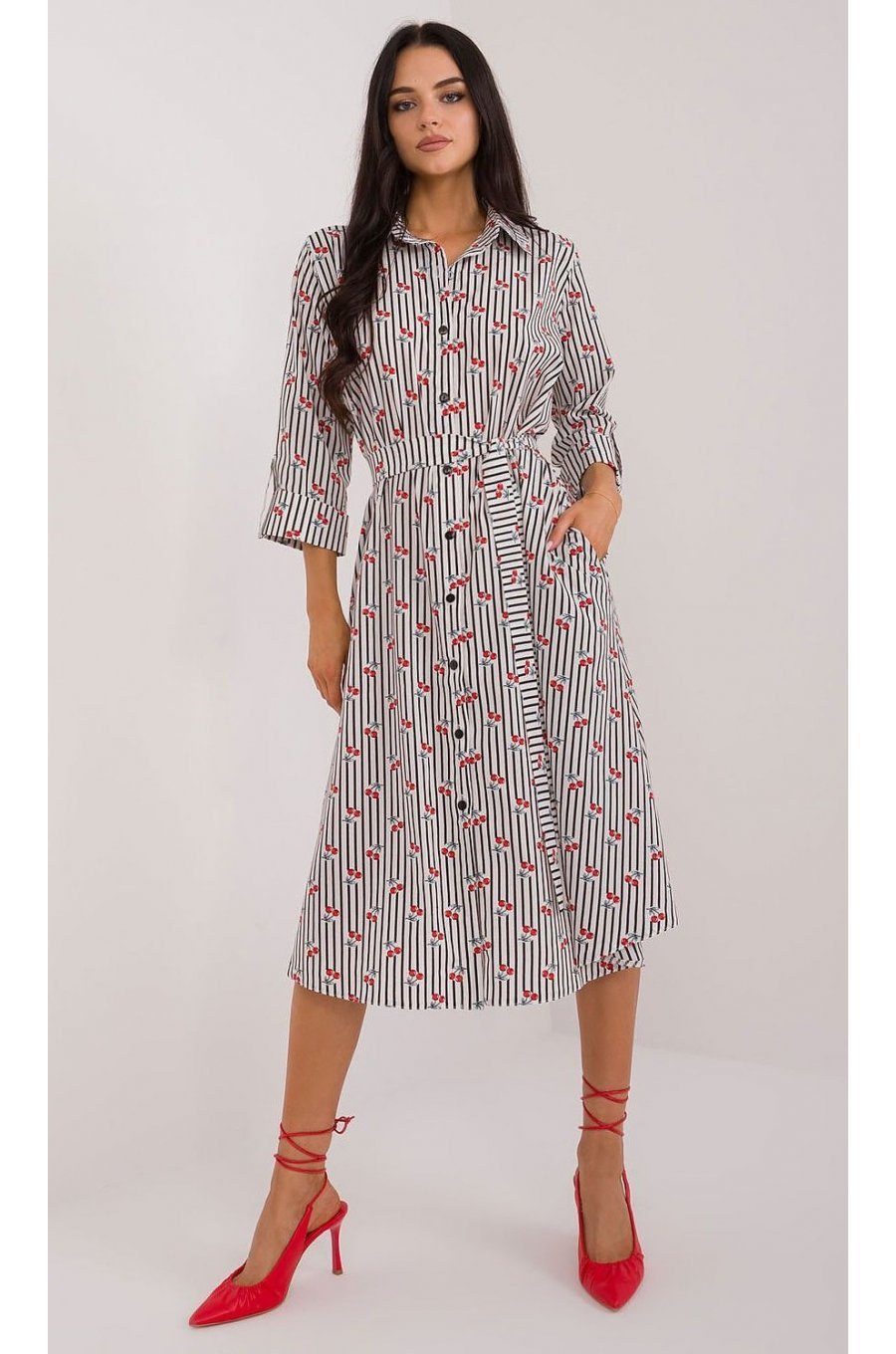 Rochie tip camasa neagra cu dungi cu maneca trei sferturi Saila1 1 - jojofashion.ro