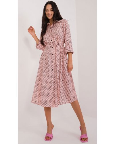 Rochie tip camasa roz prafuit cu print multicolor midi cu maneca trei sferturi Saila2 Rochii roz, Rochie tip camasa roz prafuit cu print multicolor midi cu maneca trei sferturi Saila2 - jojofashion.ro