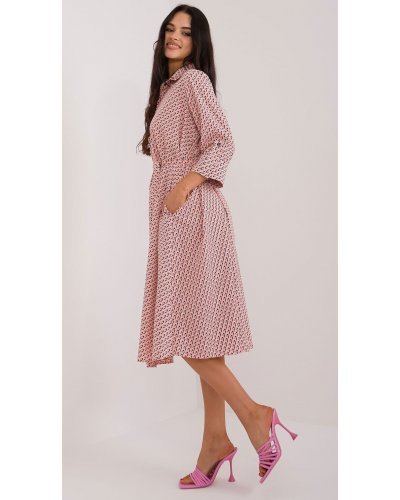 Rochie tip camasa roz prafuit cu print multicolor midi cu maneca trei sferturi Saila2 Rochii roz, Rochie tip camasa roz prafuit cu print multicolor midi cu maneca trei sferturi Saila2 - jojofashion.ro