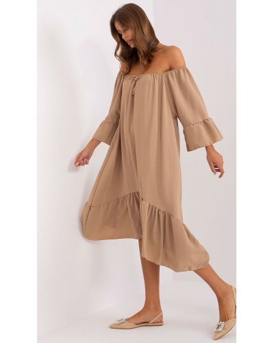 Rochie de vara midi, maro, oversize, cu volane, vaporoasa, Makadamia Rochii de zi, Rochie de vara midi, maro, oversize, cu volane, vaporoasa, Makadamia - jojofashion.ro