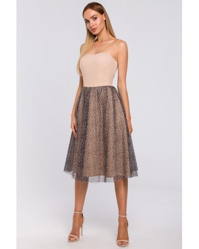 Rochie eleganta midi roz pal leopard print cu umerii goi Martina Rochii banchet, Rochie eleganta midi roz pal leopard print cu umerii goi Martina - jojofashion.ro