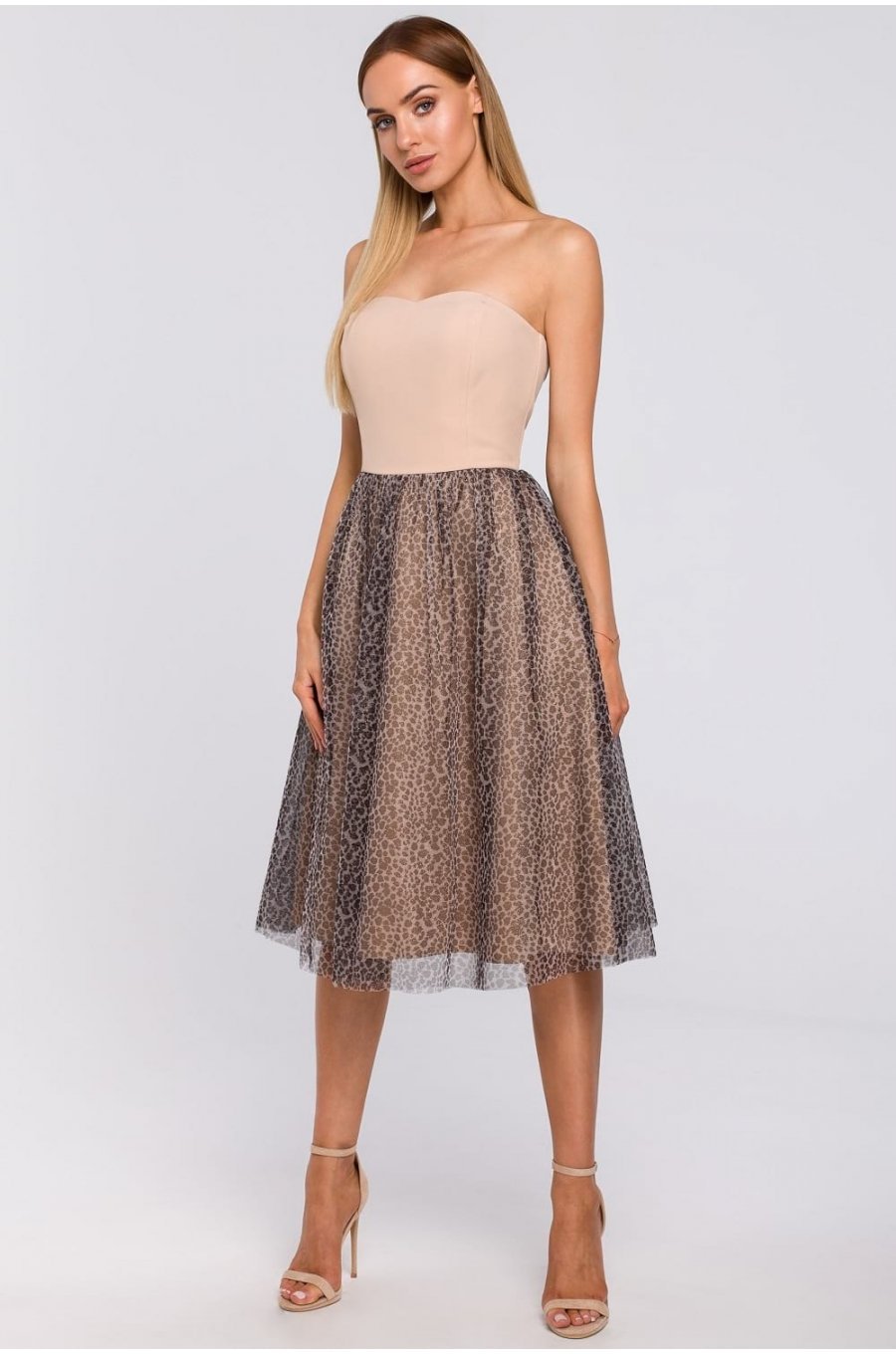 Rochie eleganta midi roz pal leopard print cu umerii goi Martina 1 - jojofashion.ro
