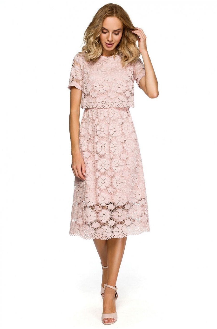 Rochie de seara midi din dantela inflorata roz Macys 1 - jojofashion.ro