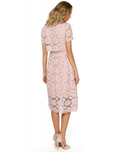 Rochie de seara midi din dantela inflorata roz Macys Rochii de Ocazie Elegante, Rochie de seara midi din dantela inflorata roz Macys - jojofashion.ro