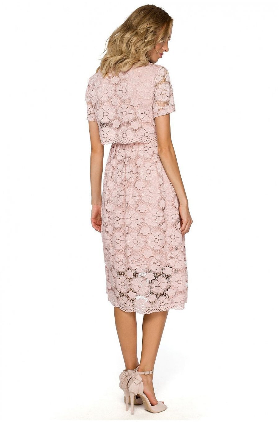 Rochie de seara midi din dantela inflorata roz Macys 2 - jojofashion.ro