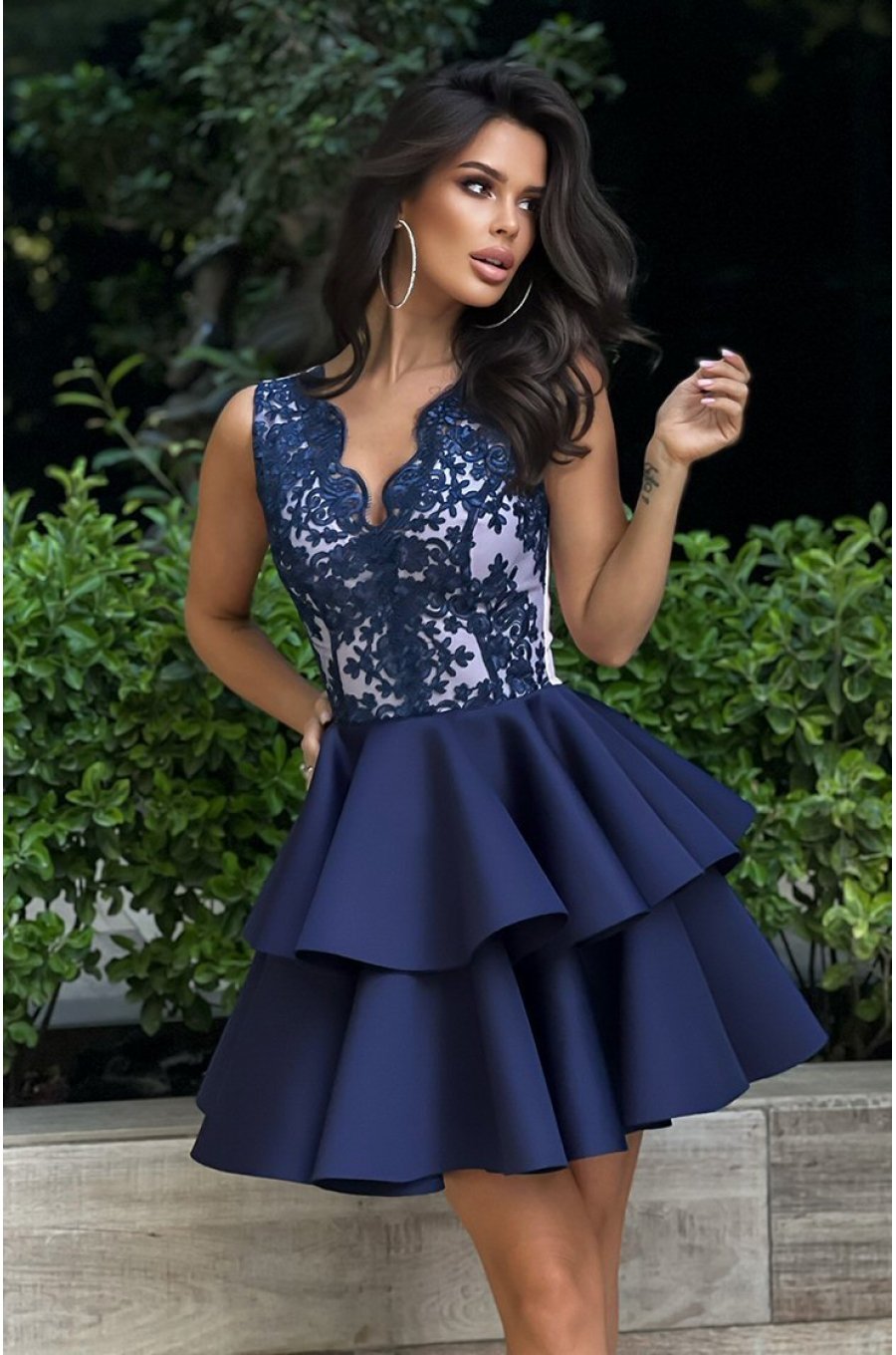 Rochie baby doll bleumarin cu volane suprapuse de banchet Caryne 1 - jojofashion.ro