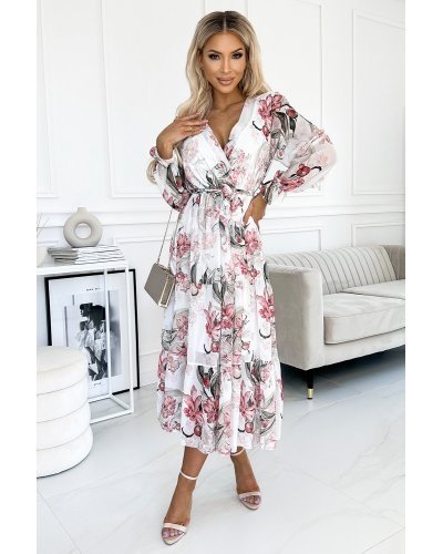 Rochie midi, din chiffon, alba cu flori, volane, maneca lunga, vaporoasa, Alyna Rochii cununie civila, Rochie midi, din chiffon, alba cu flori, volane, maneca lunga, vaporoasa, Alyna - jojofashion.ro