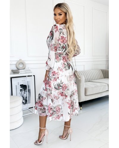 Rochie midi, din chiffon, alba cu flori, volane, maneca lunga, vaporoasa, Alyna Rochii cununie civila, Rochie midi, din chiffon, alba cu flori, volane, maneca lunga, vaporoasa, Alyna - jojofashion.ro