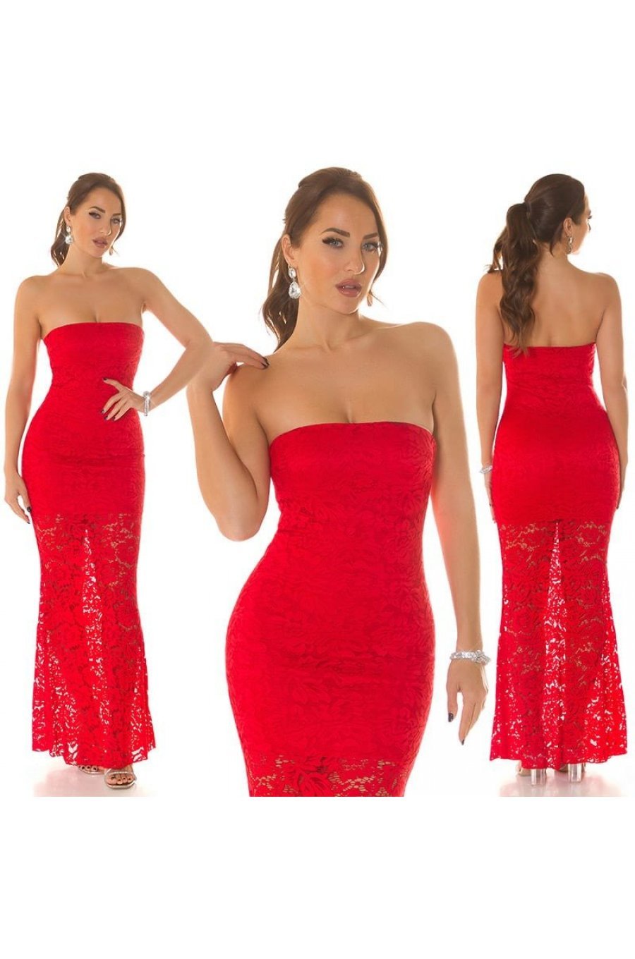 Rochie lunga rosie mulata din dantela cu umerii goi Arina 5 - jojofashion.ro