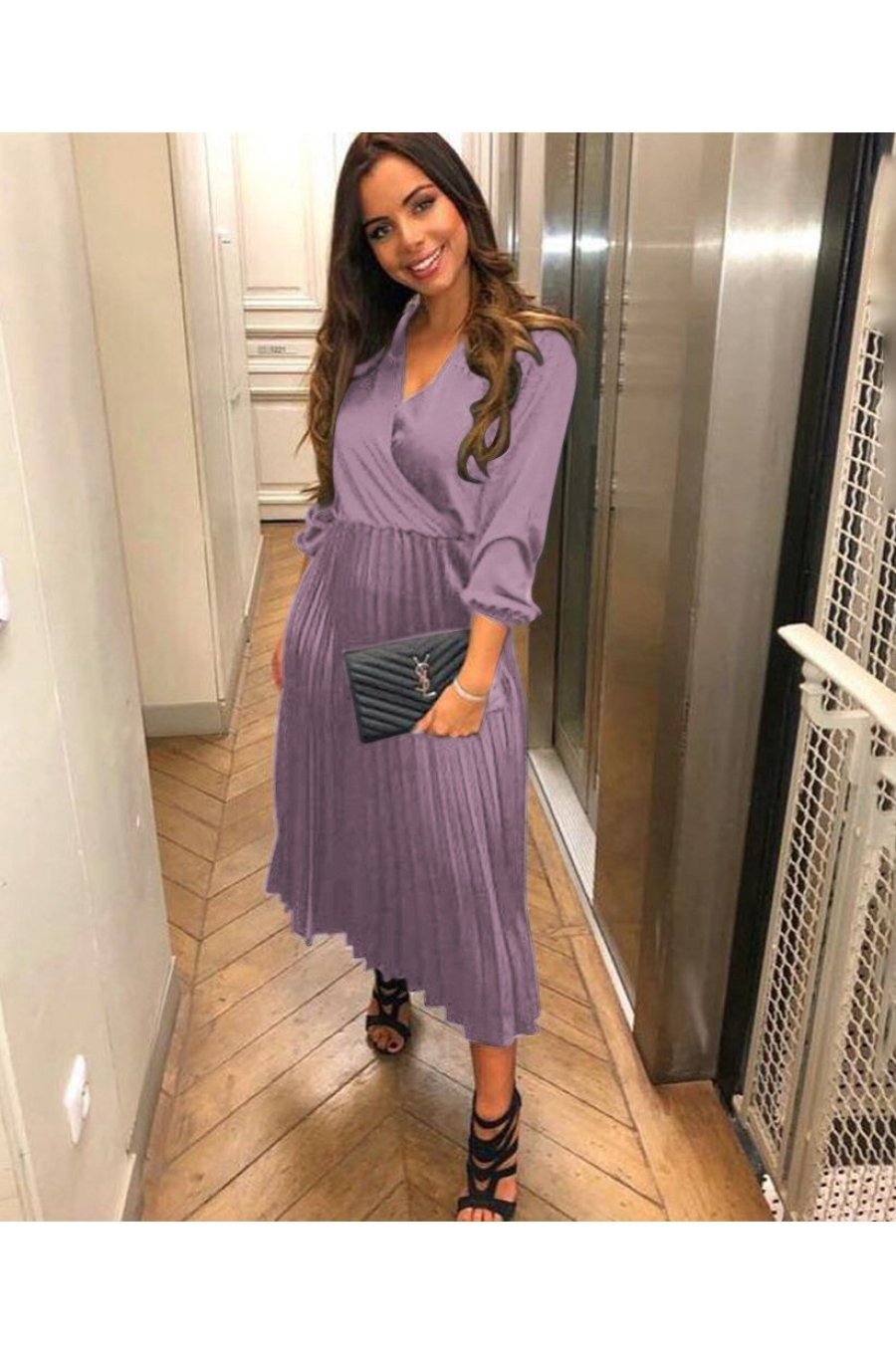 Rochie din satin lila plisata suprapusa Calypso 1 - jojofashion.ro