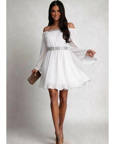 Rochie cununie civila scurta, din voal, alba, cu maneca lunga, vaporoasa, Alexia - jojofashion.ro