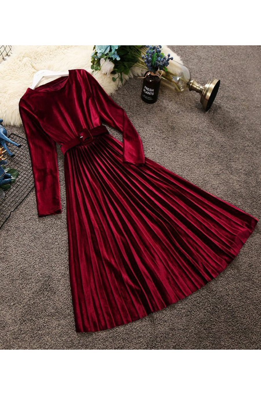 Rochie de ocazie midi din catifea burgundy plisata Aryanne 1 - jojofashion.ro