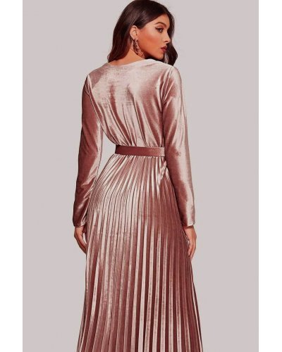 Rochie de ocazie midi din catifea roz piersica plisata Aryanne - jojofashion.ro