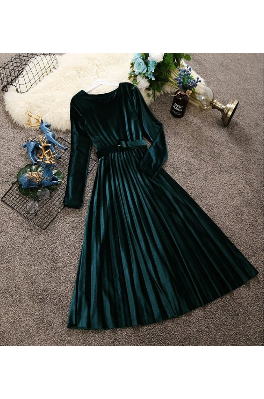 Rochie midi verde turcoaz din catifea plisata Aryanne 1 - jojofashion.ro