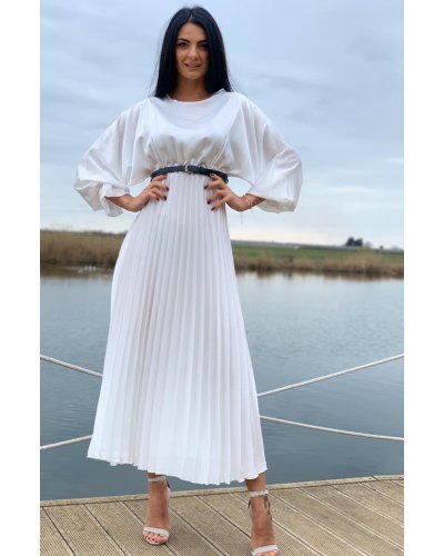 Rochie cununie civila lunga, din satin, alba, plisata, cu maneca lunga, Alicia Rochii satin, Rochie cununie civila lunga, din satin, alba, plisata, cu maneca lunga, Alicia - jojofashion.ro