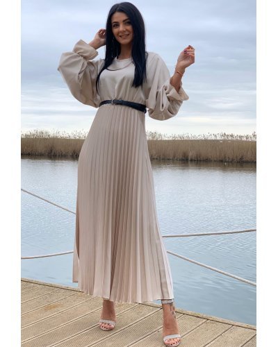 Rochie de ocazie lunga din satin bej plisata Alicia Rochii satin, Rochie de ocazie lunga din satin bej plisata Alicia - jojofashion.ro
