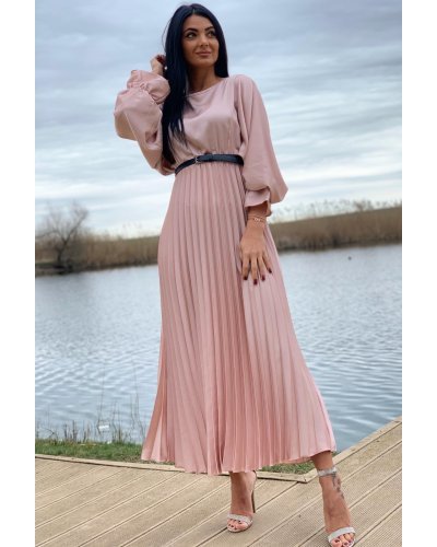 Rochie de ocazie lunga din satin roz plisata Alicia Rochii satin, Rochie de ocazie lunga din satin roz plisata Alicia - jojofashion.ro