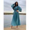 Rochie de ocazie lunga din satin bleu turcoaz plisata Alicia