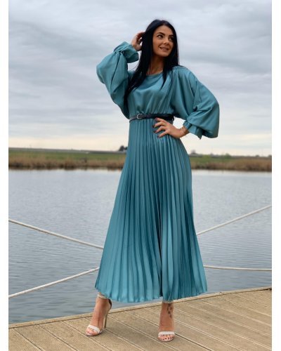 Rochie de ocazie lunga din satin bleu turcoaz plisata Alicia Rochii satin, Rochie de ocazie lunga din satin bleu turcoaz plisata Alicia - jojofashion.ro