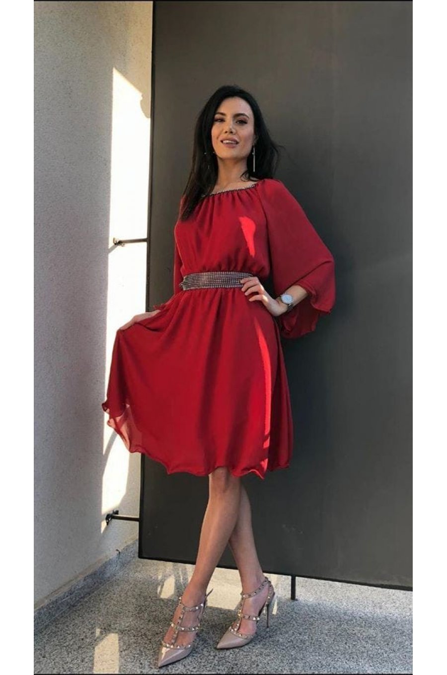 Rochie de ocazie midi vaporoasa din voal rosu Alexia 1 - jojofashion.ro