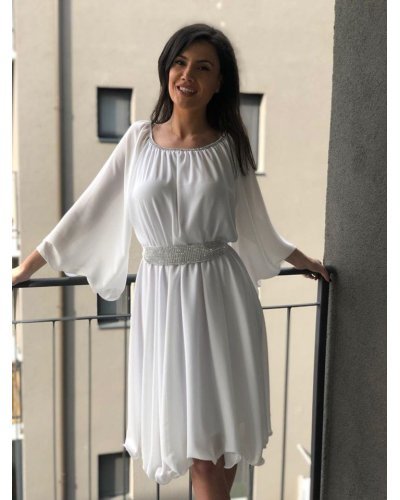 Rochie cununie civila scurta, din voal, alba, cu maneca lunga, vaporoasa, Alexia - jojofashion.ro