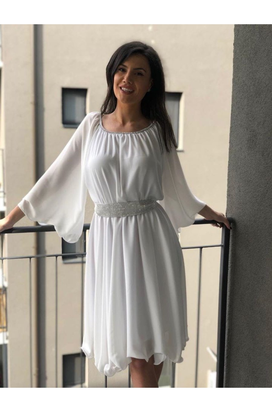 Rochie cununie civila scurta, din voal, alba, cu maneca lunga, vaporoasa, Alexia 3 - jojofashion.ro