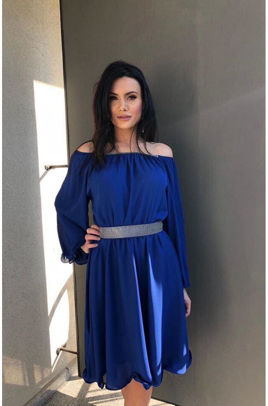 Rochie midi albastra din voal vaporoasa Alexia 1 - jojofashion.ro