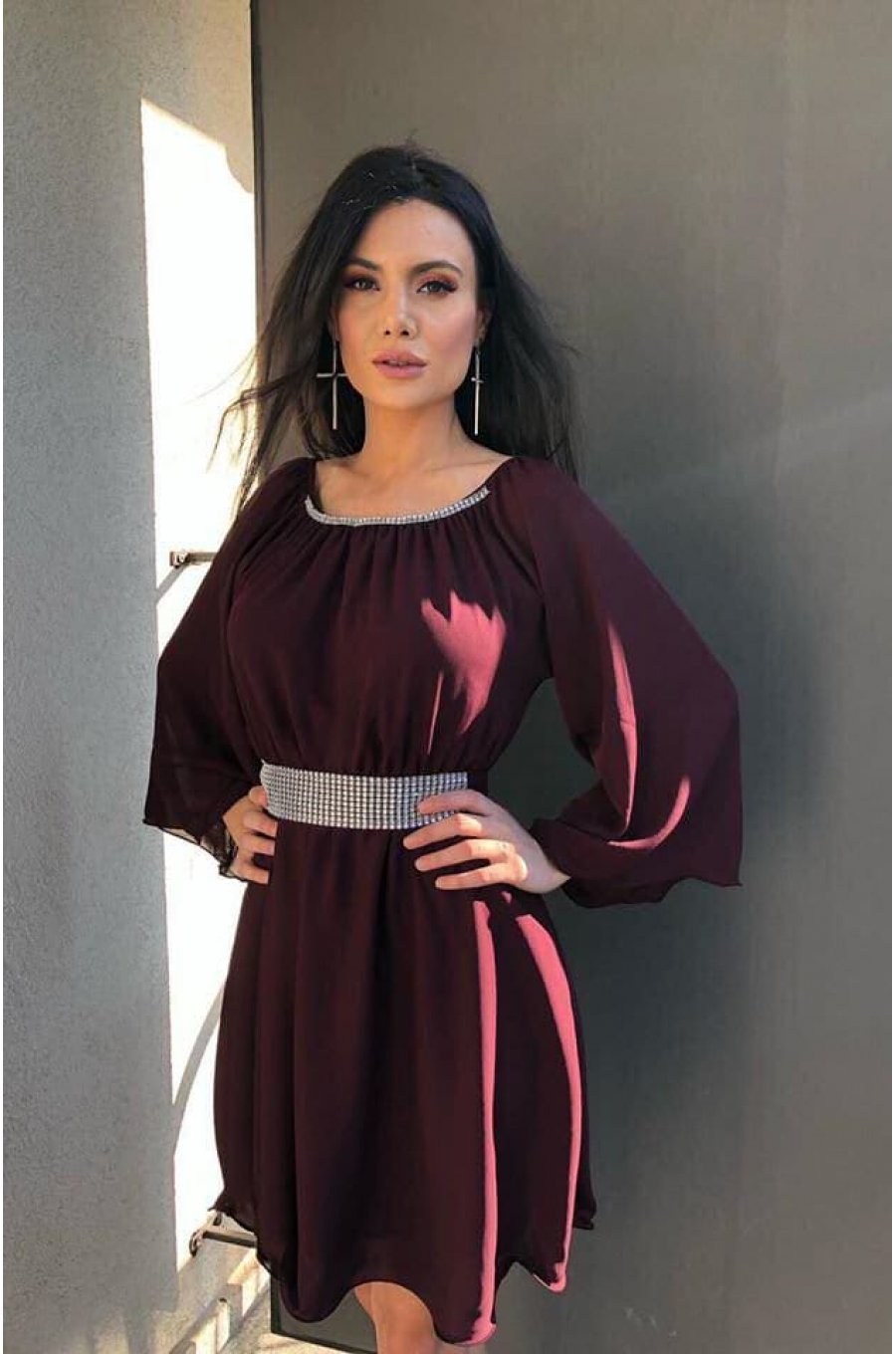 Rochie de ocazie midi vaporoasa din voal mov Alexia 1 - jojofashion.ro