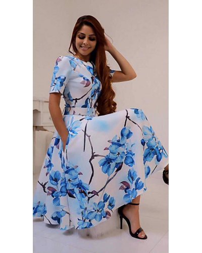 Rochie de vara alba midi cu flori bleu Adelaide Rochii, Rochie de vara alba midi cu flori bleu Adelaide - jojofashion.ro