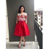 Rochie de zi midi traditionala in clos din tafta rosie cu maci Adana