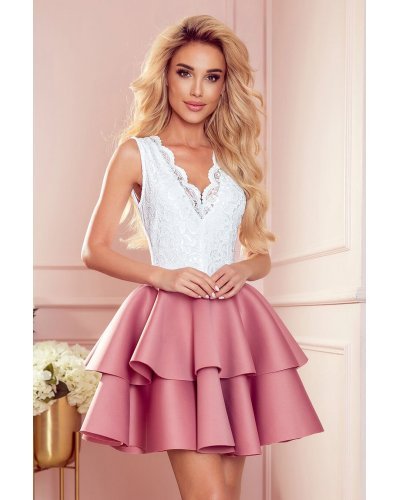 Rochie babydoll scurta cu broderie alba si volane roz Abby Rochii de Ocazie Elegante, Rochie babydoll scurta cu broderie alba si volane roz Abby - jojofashion.ro