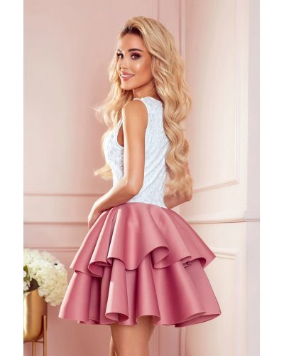 Rochie babydoll scurta cu broderie alba si volane roz Abby Rochii de Ocazie Elegante, Rochie babydoll scurta cu broderie alba si volane roz Abby - jojofashion.ro
