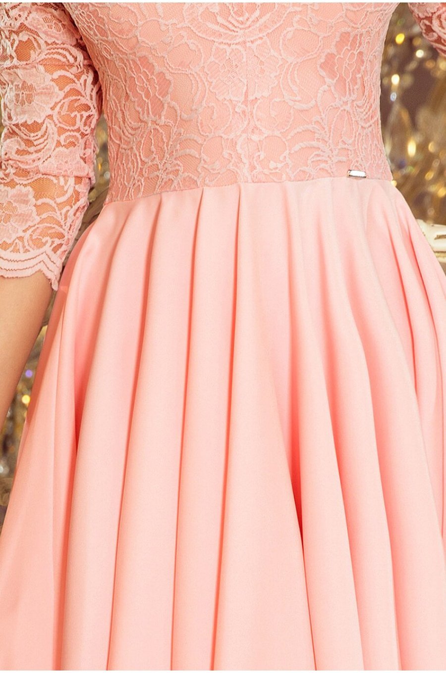 Rochie de ocazie midi, dantela, roz, cu maneca lunga, asimetrica, Anastasia  5 - jojofashion.ro