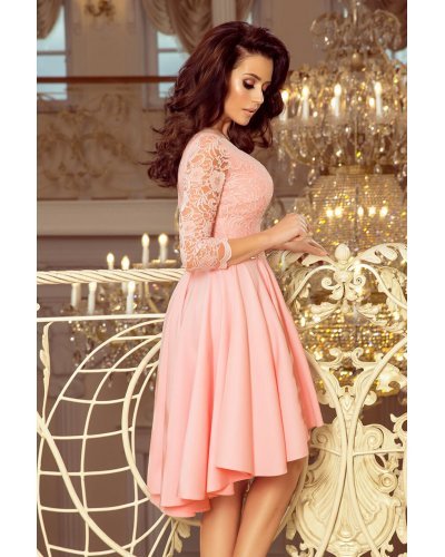 Rochie de ocazie midi, dantela, roz, cu maneca lunga, asimetrica, Anastasia  Rochii roz, Rochie de ocazie midi, dantela, roz, cu maneca lunga, asimetrica, Anastasia  - jojofashion.ro