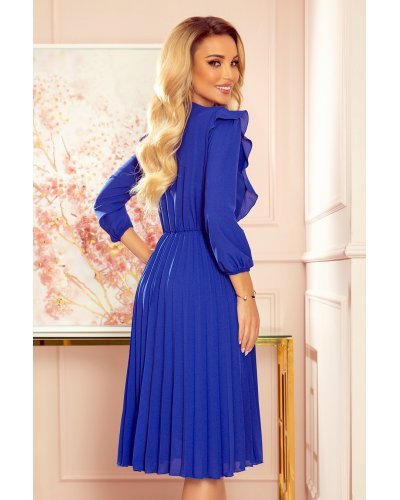 Rochie midi albastra plisata cu volane Angel Rochii vaporoase, Rochie midi albastra plisata cu volane Angel - jojofashion.ro
