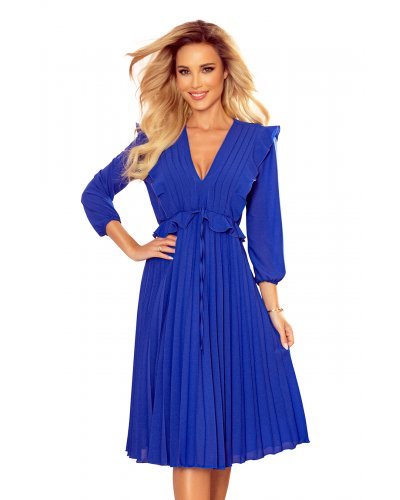 Rochie midi albastra plisata cu volane Angel Rochii vaporoase, Rochie midi albastra plisata cu volane Angel - jojofashion.ro